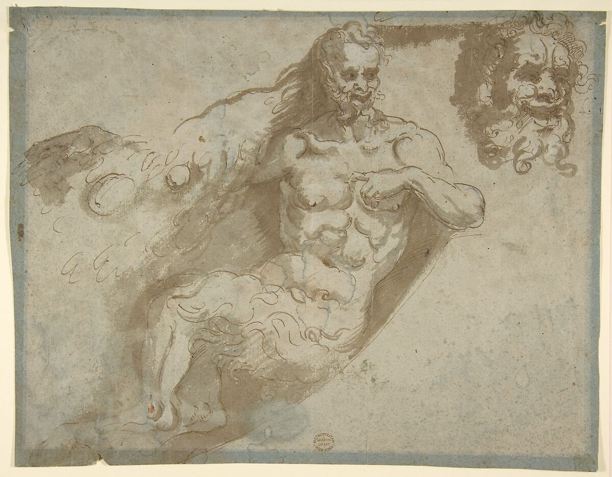 Seated satyr, with enlarged head of same (recto); head of a woman (verso), Pellegrino Tibaldi (Italian, Puria di Valsolda 1527–1596 Milan), Recto, pen and brown ink, brush and brown wash, with traces of highlighting in white gouache on faded blue paper (recto);  black chalk and charcoal highlighted with traces of white chalk (?) (verso) 