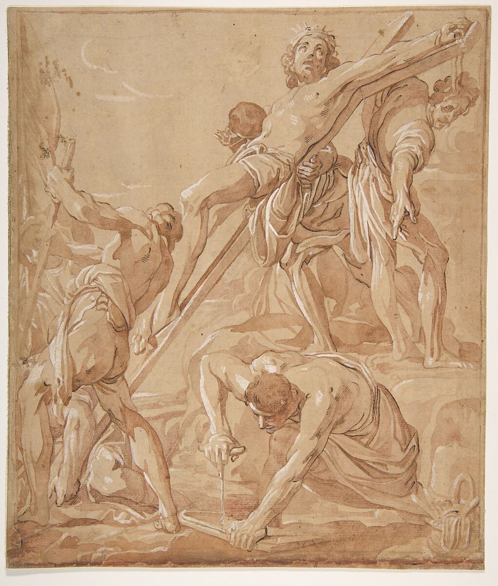 Elevation of the Cross, After Alessandro Tiarini (Italian, Bologna 1577–1668 Bologna), Some traces of pen and brown ink, red-brown wash, highlighted with white, on beige paper