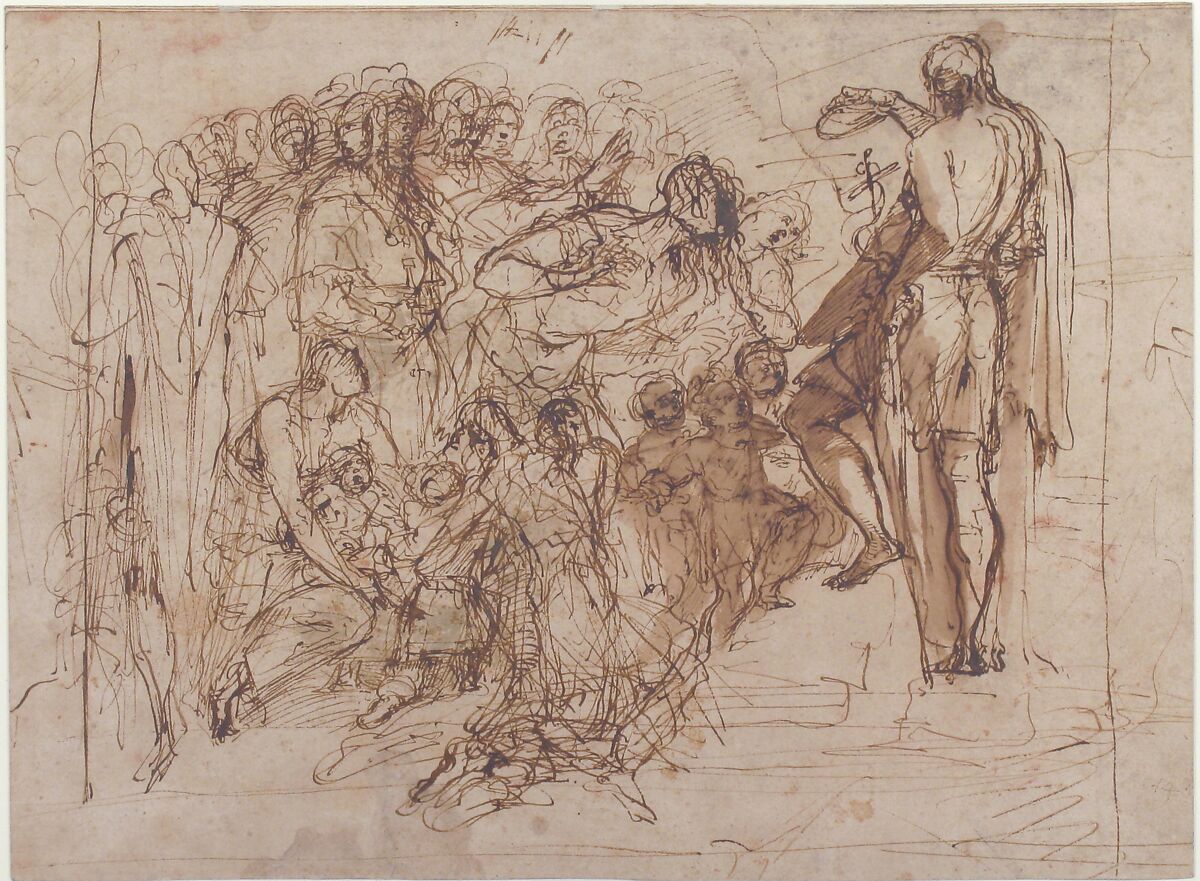 Saint John the Baptist Baptizing the Multitude, Pellegrino Tibaldi (Italian, Puria di Valsolda 1527–1596 Milan), Pen and brown ink, brush and brown wash