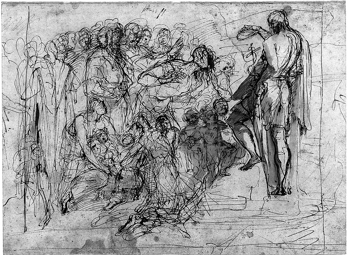 Saint John the Baptist Baptizing the Multitude, Pellegrino Tibaldi (Italian, Puria di Valsolda 1527–1596 Milan), Pen and brown ink, brush and brown wash