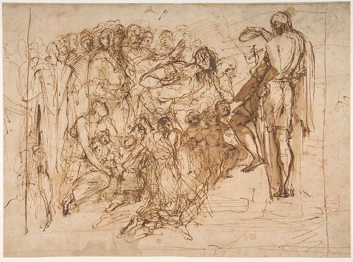 Saint John the Baptist Baptizing the Multitude, Pellegrino Tibaldi (Italian, Puria di Valsolda 1527–1596 Milan), Pen and brown ink, brush and brown wash 