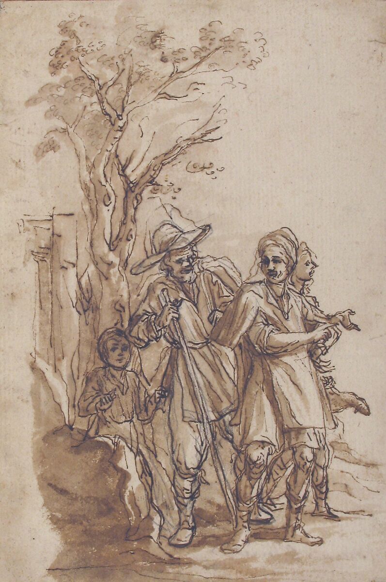Travelers on a Road, Alessandro Tiarini (Italian, Bologna 1577–1668 Bologna), Pen and brown ink, brush and brown wash, over a little black chalk