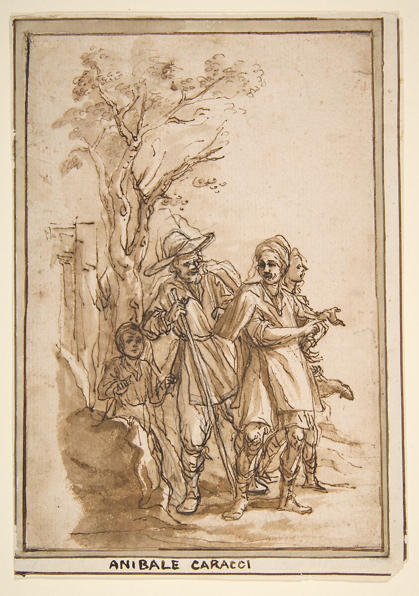 Travelers on a Road, Alessandro Tiarini (Italian, Bologna 1577–1668 Bologna), Pen and brown ink, brush and brown wash, over a little black chalk 