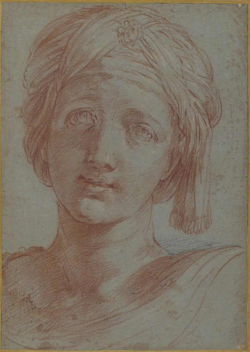 Head of a Young Woman Wearing a Turban, Alessandro Tiarini (Italian, Bologna 1577–1668 Bologna), Red chalk, a little black and white chalk, on blue paper