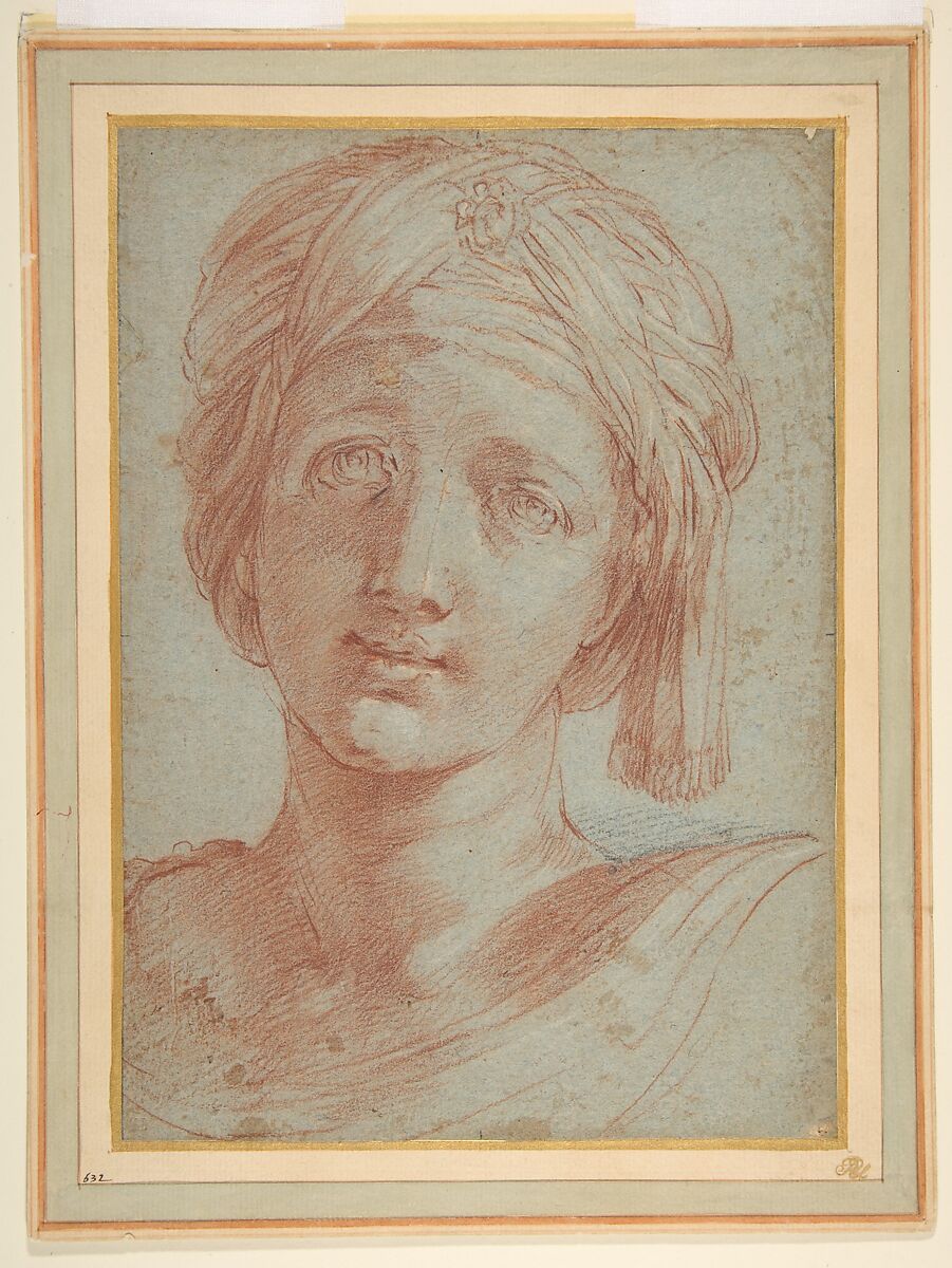 Head of a Young Woman Wearing a Turban, Alessandro Tiarini (Italian, Bologna 1577–1668 Bologna), Red chalk, a little black and white chalk, on blue paper 