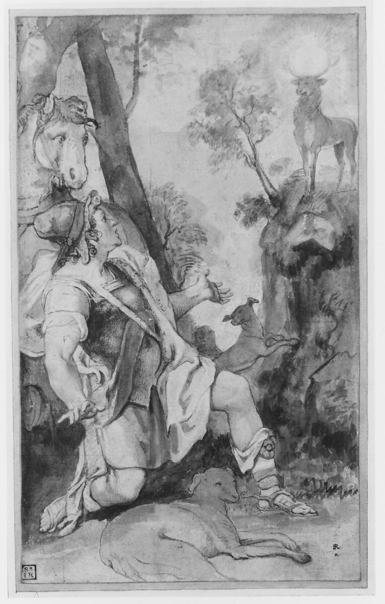 The Vision of Saint Eustace, Federico Zuccaro (Zuccari) (Italian, Sant'Angelo in Vado 1540/42–1609 Ancona), Point of brush with brown, gray, green, yellow, and red wash, highlighted with white, over traces of red and black chalk; lightly squared in black chalk