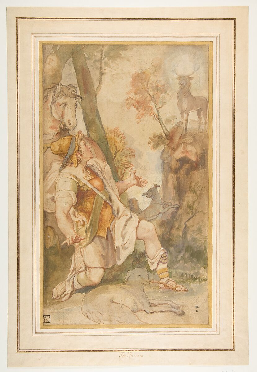 The Vision of Saint Eustace, Federico Zuccaro (Zuccari) (Italian, Sant'Angelo in Vado 1540/42–1609 Ancona), Point of brush with brown, gray, green, yellow, and red wash, highlighted with white, over traces of red and black chalk; lightly squared in black chalk