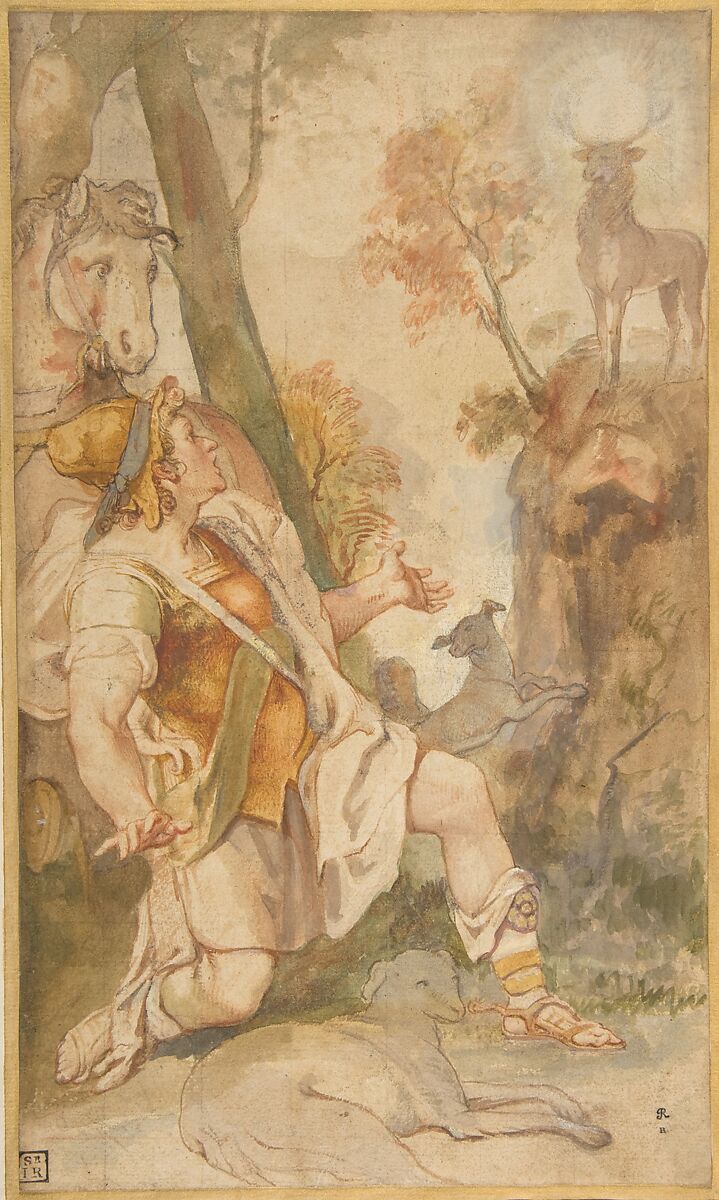 The Vision of Saint Eustace, Federico Zuccaro (Zuccari) (Italian, Sant&#39;Angelo in Vado 1540/42–1609 Ancona), Point of brush with brown, gray, green, yellow, and red wash, highlighted with white, over traces of red and black chalk; lightly squared in black chalk 