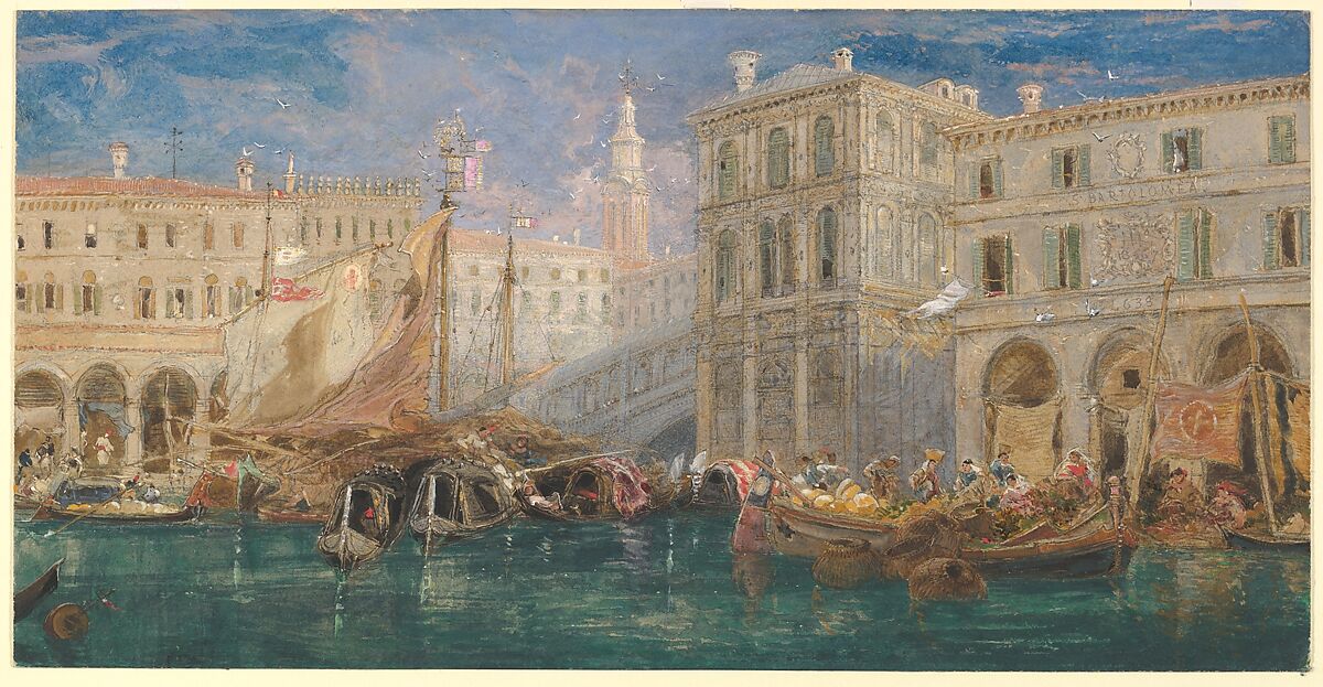 The orange market, with the Rialto Bridge beyond, Venice, James Holland (British, Burslem, Staffordshire 1799–1870 London), Watercolor and gouache (bodycolor) over graphite 