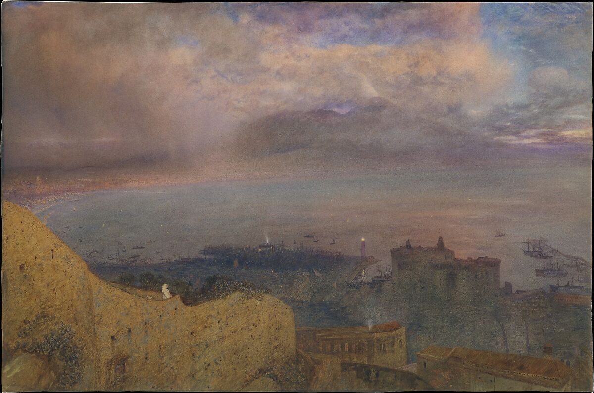 Bay of Naples–A Land of Smouldering Fire, Alfred William Hunt (British, Liverpool 1830–1896 London), Watercolor with touches of gouache (bodycolor) over graphite 