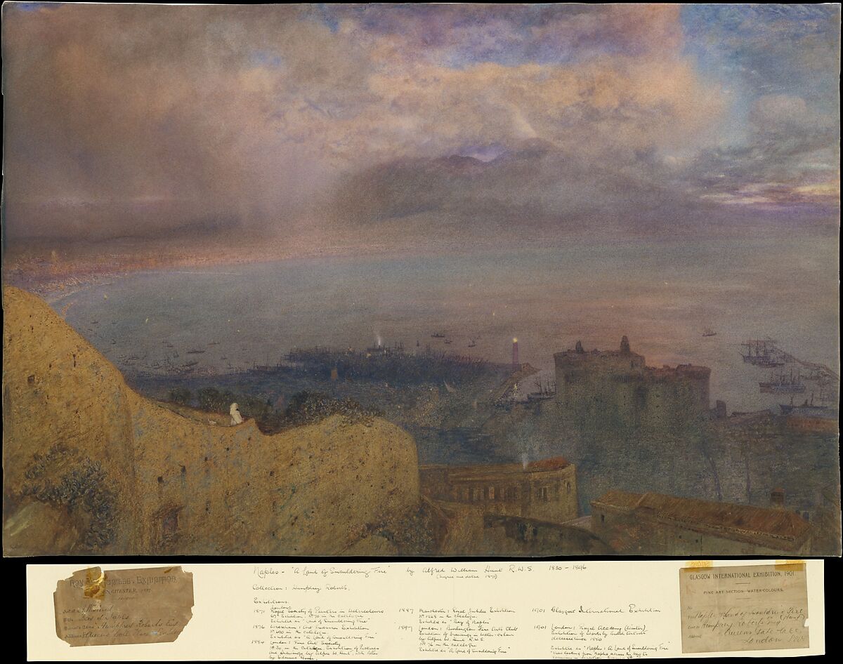 Bay of Naples–A Land of Smouldering Fire, Alfred William Hunt (British, Liverpool 1830–1896 London), Watercolor with touches of gouache (bodycolor) over graphite