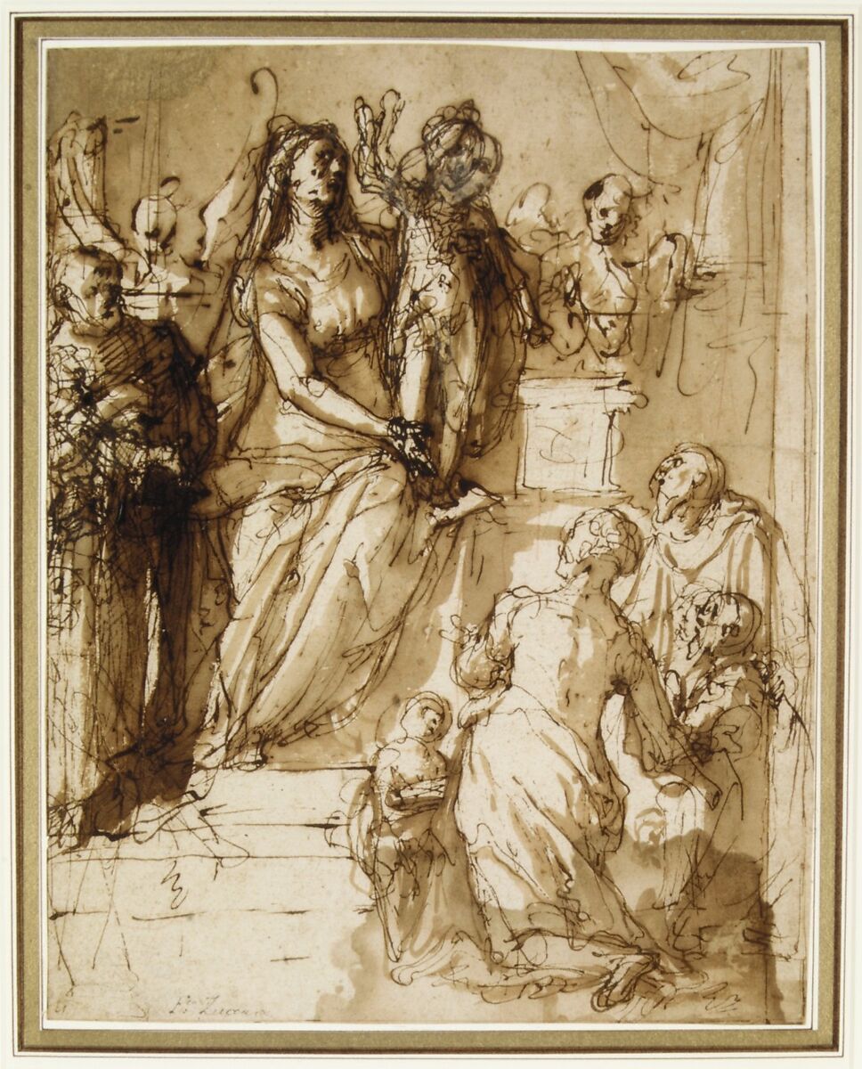 The Virgin and Child with Saint Joseph, Attendant Angels, and a Group of Supplicants, Federico Zuccaro (Zuccari) (Italian, Sant'Angelo in Vado 1540/42–1609 Ancona), Pen and brown ink, brush and brown wash, over traces of red chalk (recto); black chalk sketch of a nude male torso (verso)
