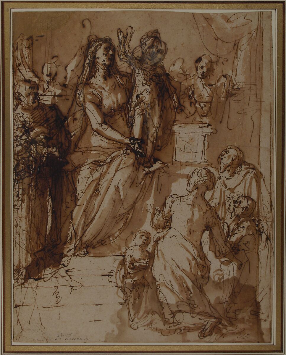 The Virgin and Child with Saint Joseph, Attendant Angels, and a Group of Supplicants, Federico Zuccaro (Zuccari) (Italian, Sant'Angelo in Vado 1540/42–1609 Ancona), Pen and brown ink, brush and brown wash, over traces of red chalk (recto); black chalk sketch of a nude male torso (verso)
