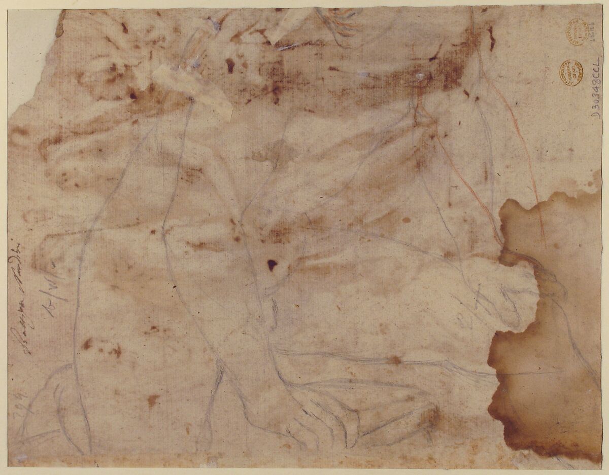 The Virgin and Child with Saint Joseph, Attendant Angels, and a Group of Supplicants, Federico Zuccaro (Zuccari) (Italian, Sant'Angelo in Vado 1540/42–1609 Ancona), Pen and brown ink, brush and brown wash, over traces of red chalk (recto); black chalk sketch of a nude male torso (verso)