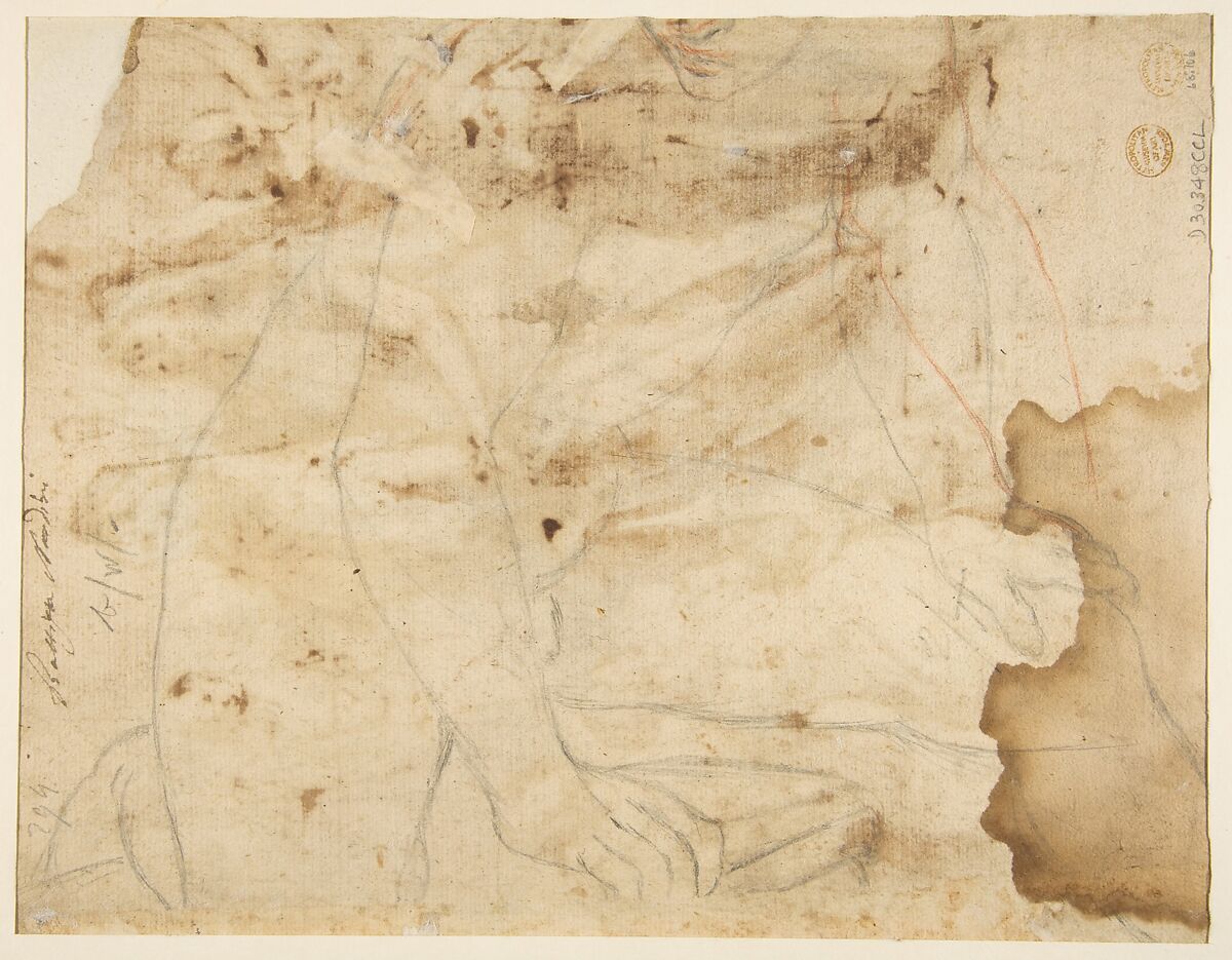 The Virgin and Child with Saint Joseph, Attendant Angels, and a Group of Supplicants, Federico Zuccaro (Zuccari) (Italian, Sant'Angelo in Vado 1540/42–1609 Ancona), Pen and brown ink, brush and brown wash, over traces of red chalk (recto); black chalk sketch of a nude male torso (verso)