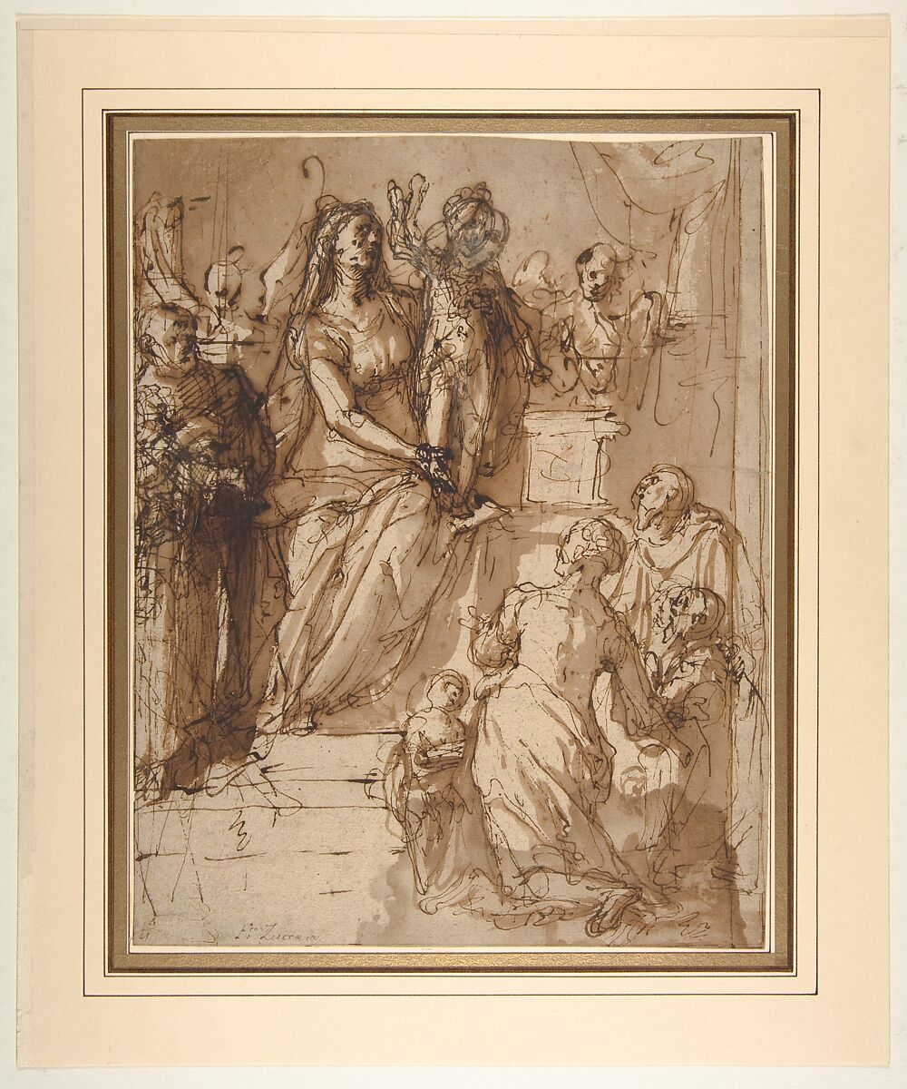 The Virgin and Child with Saint Joseph, Attendant Angels, and a Group of Supplicants, Federico Zuccaro (Zuccari) (Italian, Sant'Angelo in Vado 1540/42–1609 Ancona), Pen and brown ink, brush and brown wash, over traces of red chalk (recto); black chalk sketch of a nude male torso (verso)