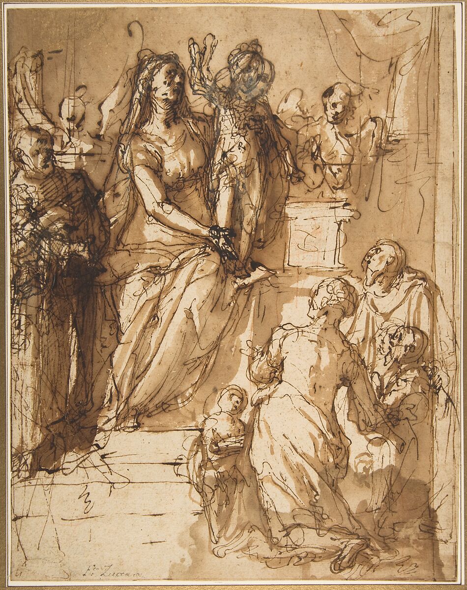The Virgin and Child with Saint Joseph, Attendant Angels, and a Group of Supplicants, Federico Zuccaro (Zuccari) (Italian, Sant&#39;Angelo in Vado 1540/42–1609 Ancona), Pen and brown ink, brush and brown wash, over traces of red chalk (recto); black chalk sketch of a nude male torso (verso) 