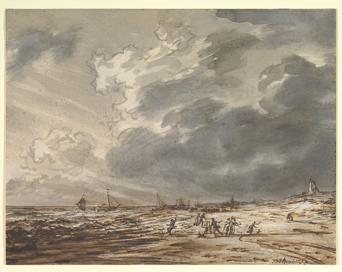 The Beach at Scheveningen (?), with Strollers, Simon Andreas Krausz (Dutch, 1760–1825), Pencil, pen and brown ink, brown and gray washes 