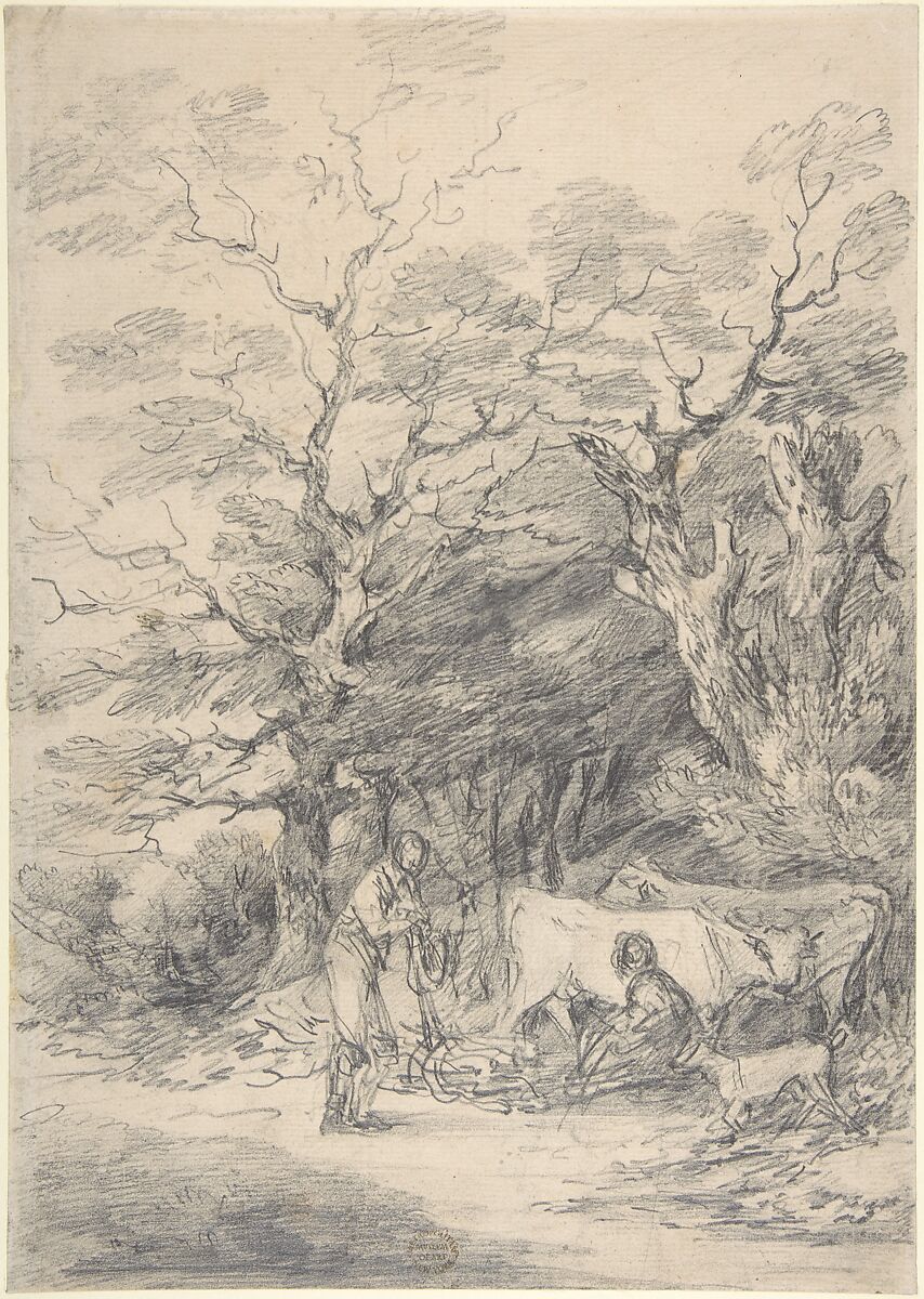 Landscape with cattle and figures; sketch for the Rustic Courtship, Gainsborough Dupont (British, Sudbury, Suffolk 1754–1797 London), Graphite 