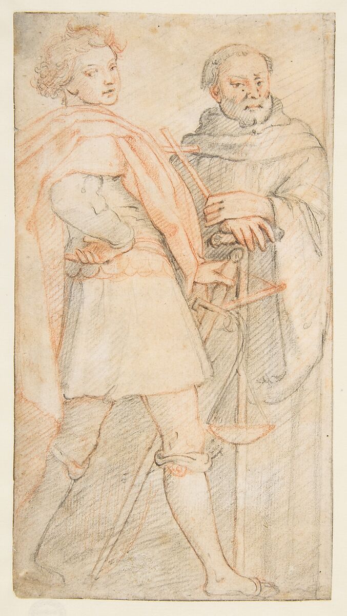 Saint Michael and Saint Giovanni Gualberto (after Andrea del Sarto's Vallombrosa Altarpiece), After Federico Zuccaro (Zuccari) (Italian, Sant&#39;Angelo in Vado 1540/42–1609 Ancona), Black and red chalk 