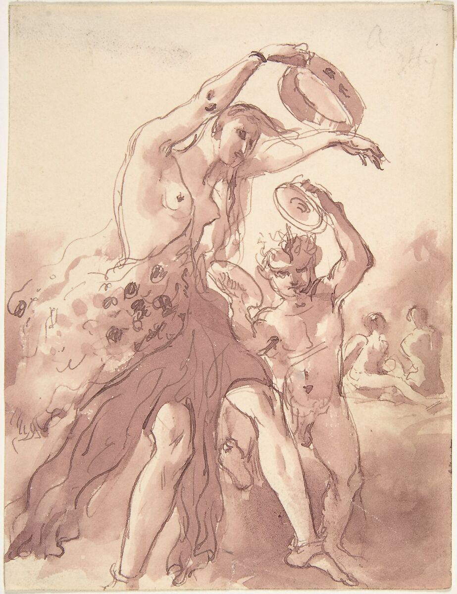 Bacchante, Attributed to William Etty (British, York 1787–1849 York), Pen and brown ink, brush and pink wash 