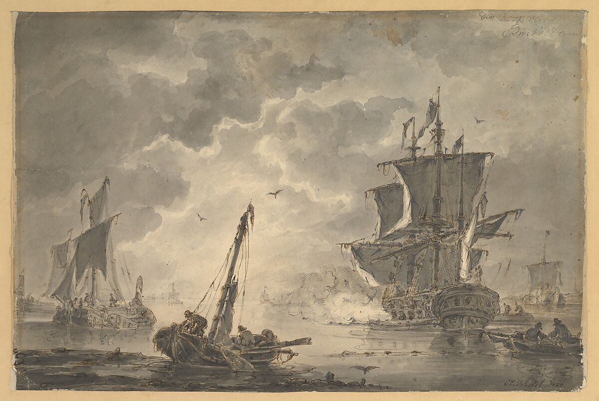 Marine, the Cannon Shot, Johannes Christiaan Schotel (Dutch, Dordrecht 1787–1838 Dordrecht), Graphite, pen and brown ink, brush and gray wash 