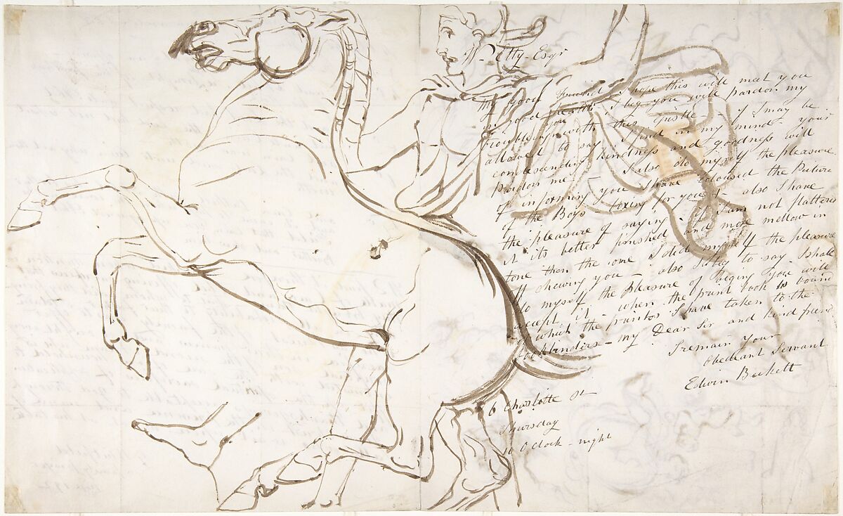 Rearing horse and trainer, drawn on a letter (recto). Studies of women and children (verso), William Etty (British, York 1787–1849 York), Brush and brown wash over pen and ink manuscript 