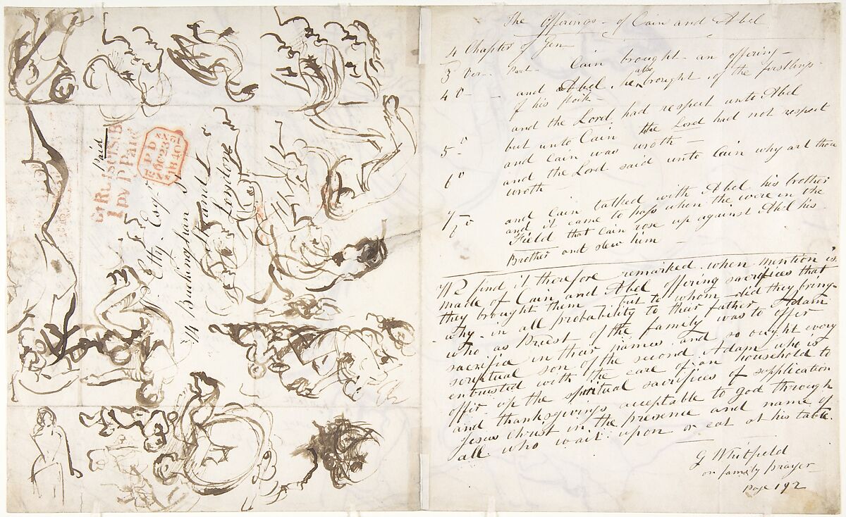 Rearing horse and trainer, drawn on a letter (recto); Studies of women and children (verso), William Etty (British, York 1787–1849 York), Brush and brown wash over pen and ink manuscript