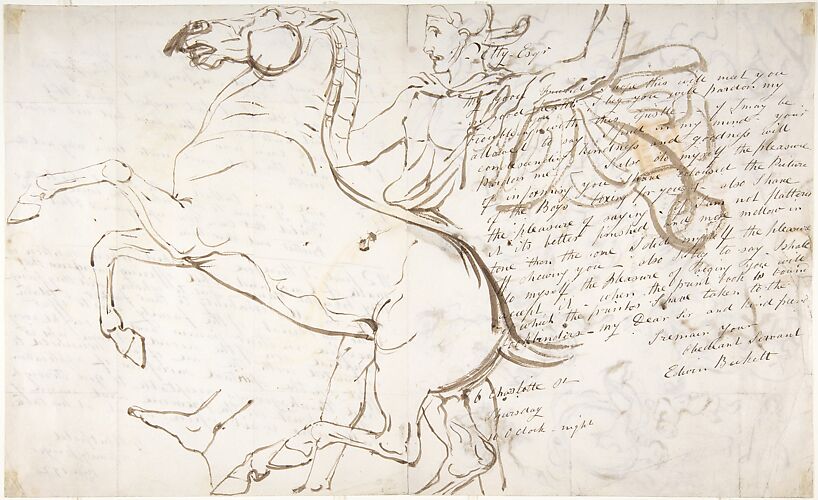 Rearing horse and trainer, drawn on a letter (recto). Studies of women and children (verso)