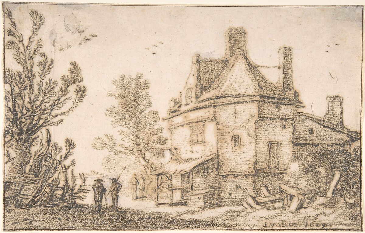 Landscape with an Inn, Esaias van de Velde (Dutch, Amsterdam 1587–1630 The Hague), Charcoal saturated in oil 