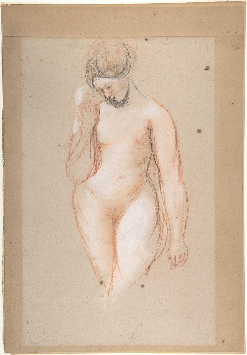 Standing female nude, William Etty (British, York 1787–1849 York), Red and black chalk, heightened with white, on beige paper 
