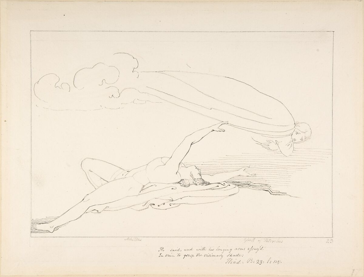 Achilles and the Shade of Patroclus, John Flaxman (British, York 1755–1826 London), Pen and black ink over graphite 