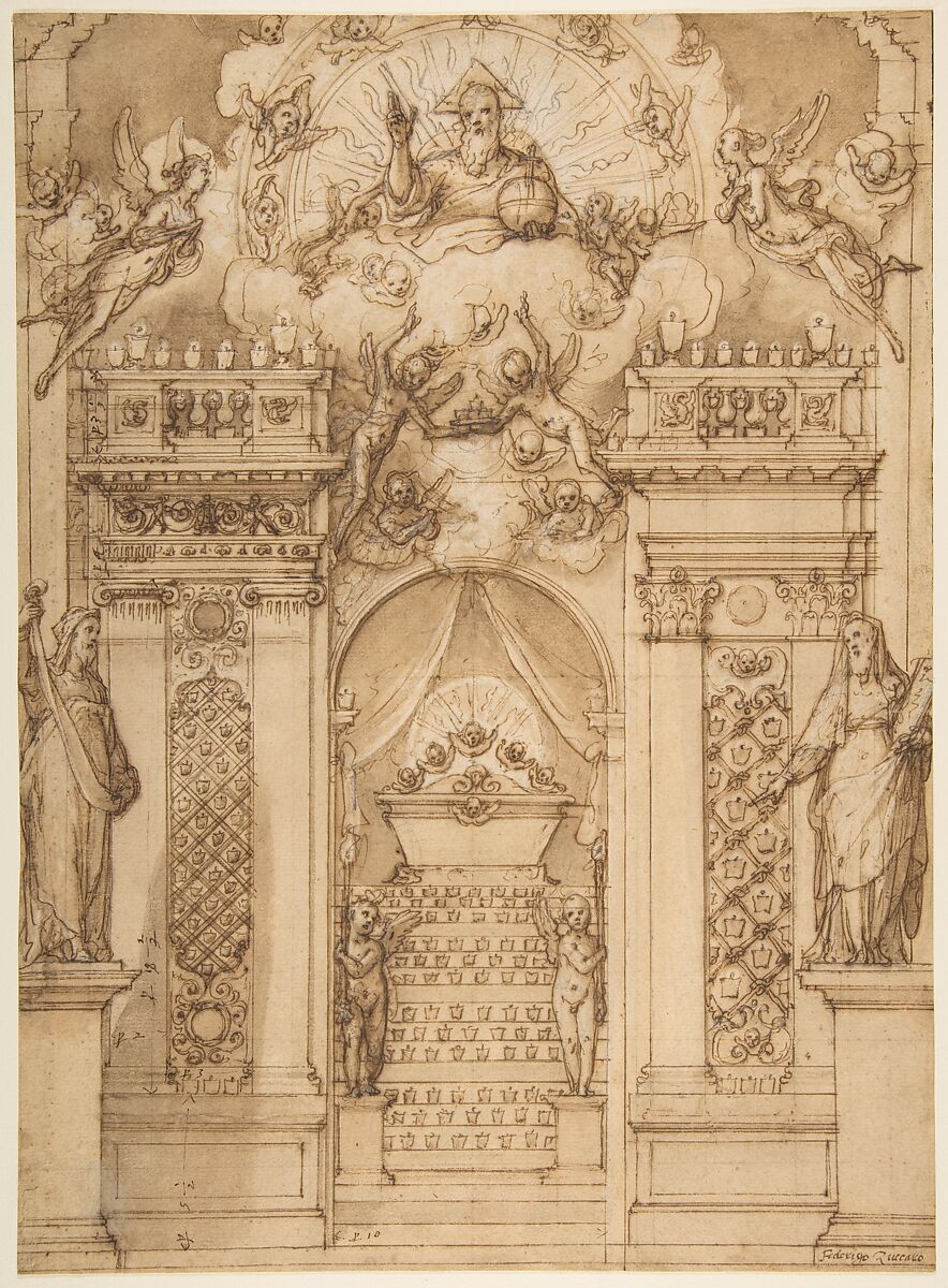 Design for a "Quarantore" Decoration, Federico Zuccaro (Zuccari) (Italian, Sant&#39;Angelo in Vado 1540/42–1609 Ancona), Pen and brown ink, brush and brown wash, highlighted with white, over traces of black chalk 