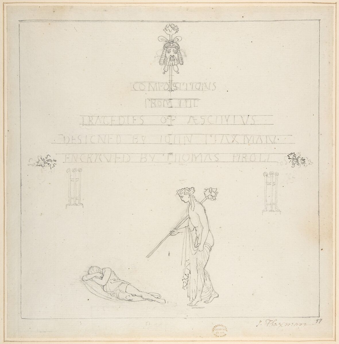 Sketch for the Title-Page of an Edition of Aeschylus, John Flaxman (British, York 1755–1826 London), Pen and black ink over graphite 