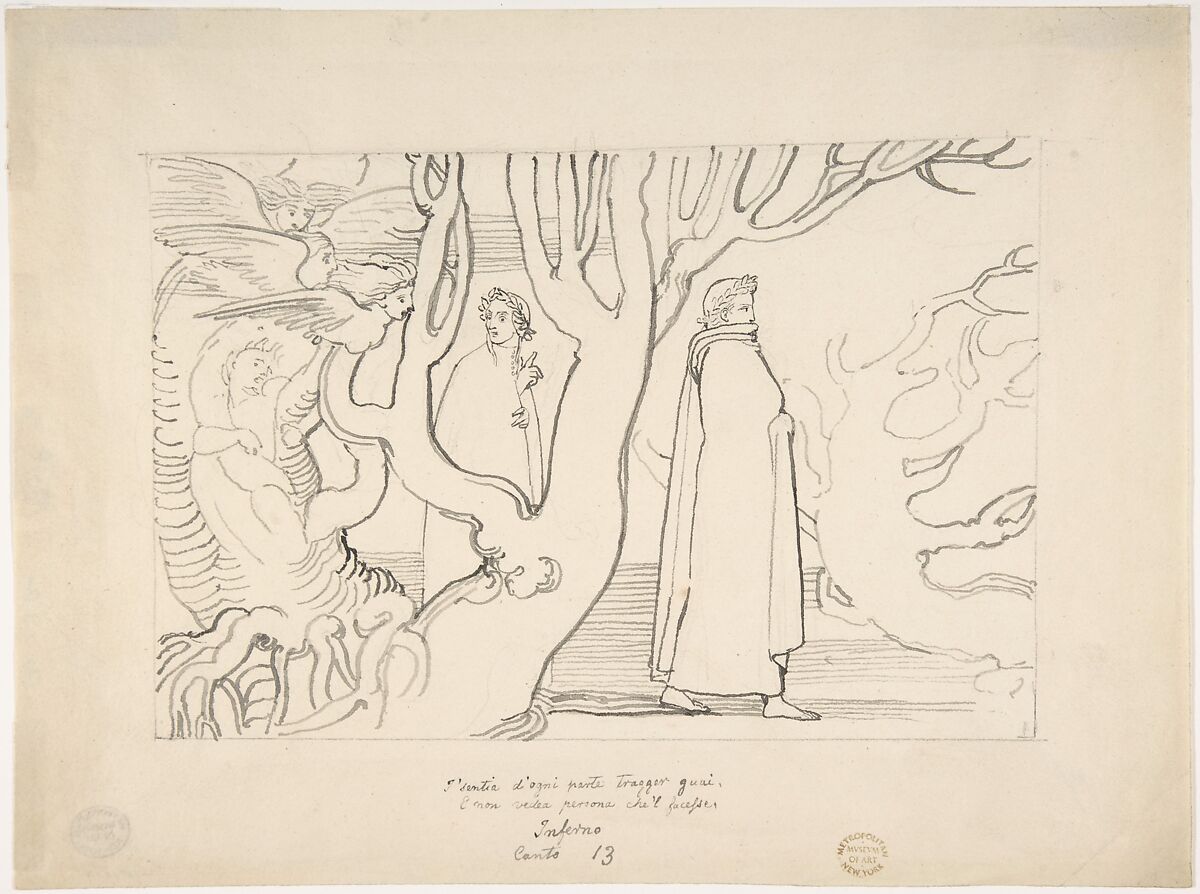 Dante and Virgil in the Suicidal Wood (Inferno, Canto 13, verses 22-23), John Flaxman (British, York 1755–1826 London), Reed pen and black ink over graphite 