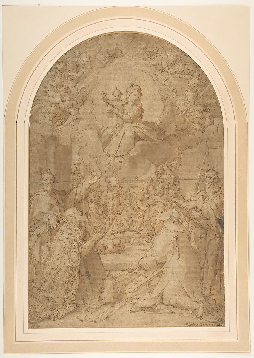 The Virgin and Child Appearing to Saint Peter, Saint Damasus, Saint Lawrence, and Saint Paul; the Martyrdom of Saint Lawrence in the Background, Federico Zuccaro (Zuccari) (Italian, Sant'Angelo in Vado 1540/42–1609 Ancona), Pen and brown ink, brush and brown wash, over traces of red and black chalk, on beige paper