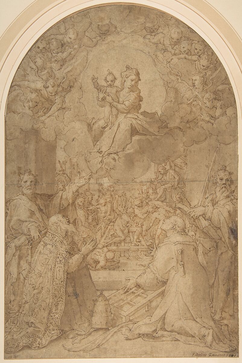 The Virgin and Child Appearing to Saint Peter, Saint Damasus, Saint Lawrence, and Saint Paul; the Martyrdom of Saint Lawrence in the Background, Federico Zuccaro (Zuccari) (Italian, Sant&#39;Angelo in Vado 1540/42–1609 Ancona), Pen and brown ink, brush and brown wash, over traces of red and black chalk, on beige paper 