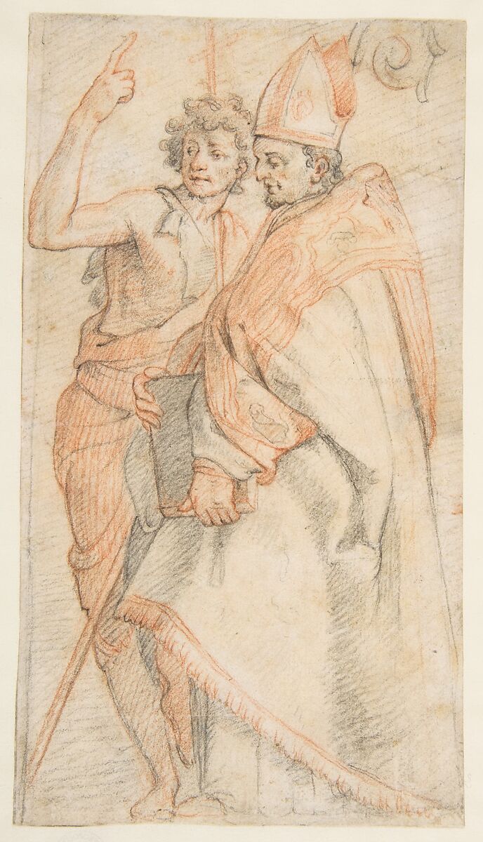 Saint John the Baptist and Saint Bernardo degli Uberti (after Andrea del Sarto's Vallombrosa Altarpiece), After Federico Zuccaro (Zuccari) (Italian, Sant&#39;Angelo in Vado 1540/42–1609 Ancona), Black and red chalk 