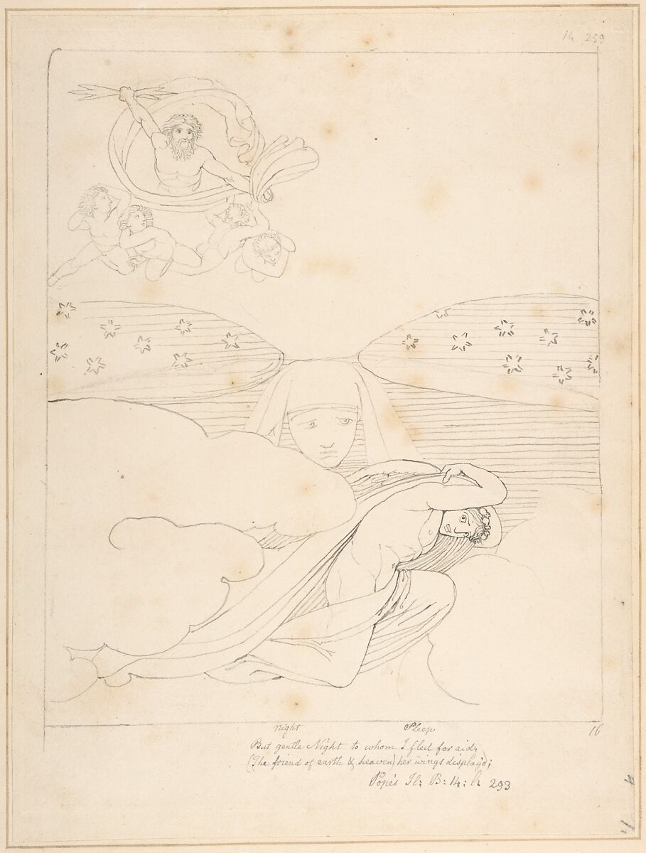 Sleep Escaping from the Wrath of Jupiter – "But gentle Night to whom I fled for Aid (the Friend of Earth and Heaven), Her Wings Display'd" (Pope's Iliad, Book 14, line 293), John Flaxman (British, York 1755–1826 London), Pen and black ink over graphite 