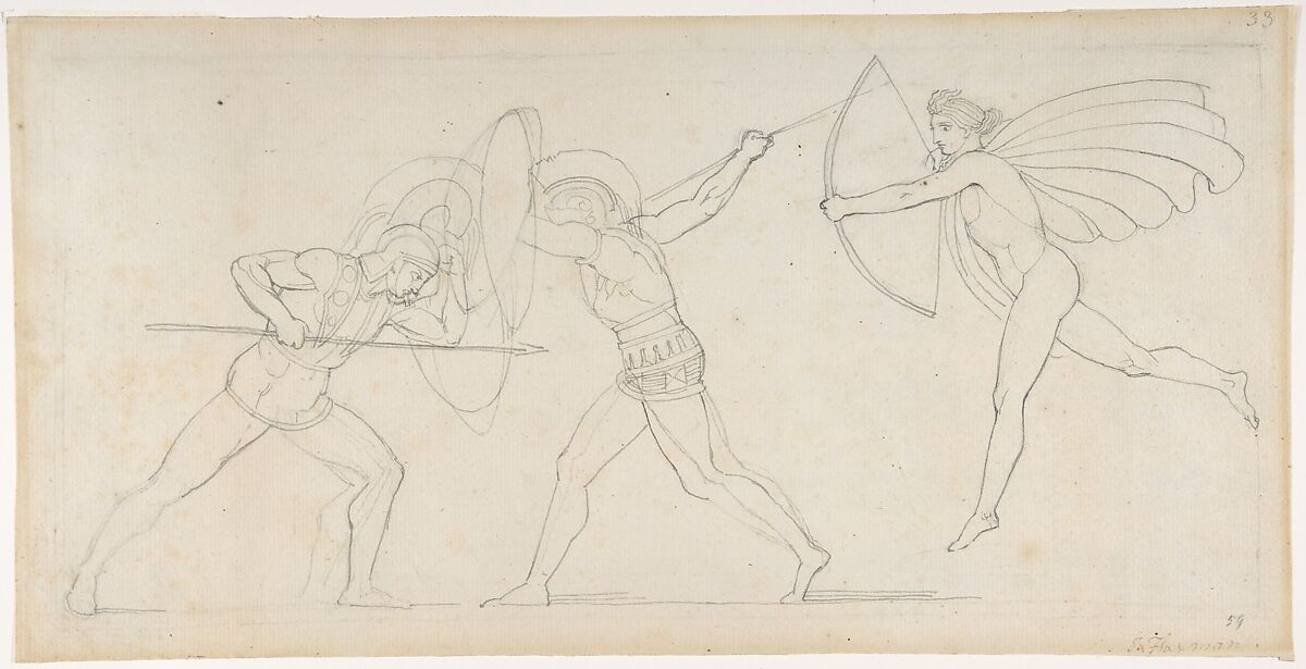 Illustration for "Seven Chiefs Against Thebes" (recto); Studies of Figures (verso), John Flaxman (British, York 1755–1826 London), Pen and black and gray ink, graphite 
