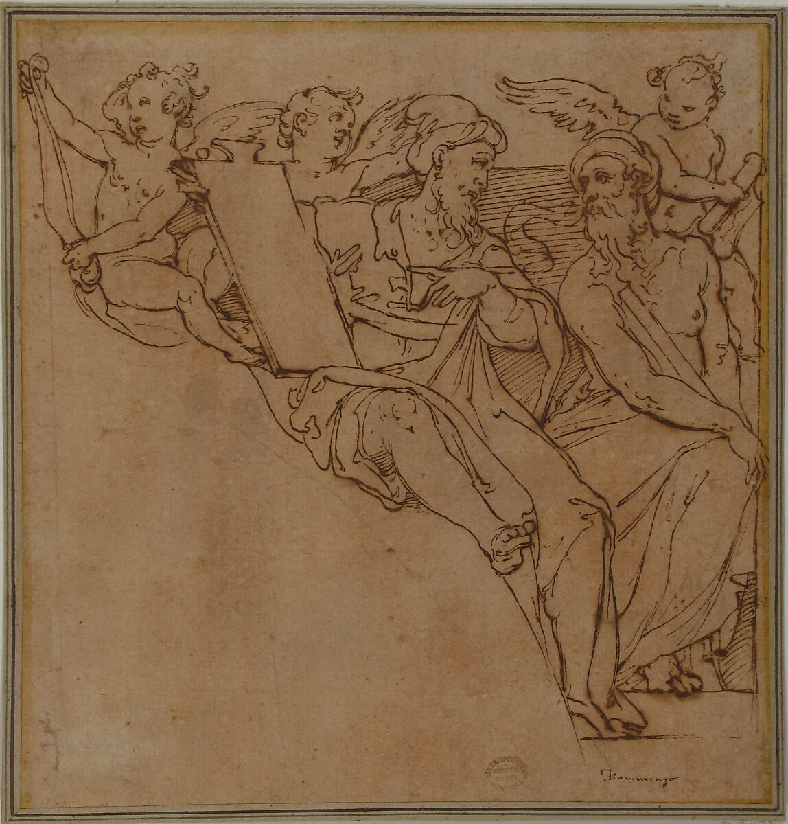 Decorative Group, After Federico Zuccaro (Zuccari) (Italian, Sant'Angelo in Vado 1540/42–1609 Ancona), Pen and brown ink, on brown paper