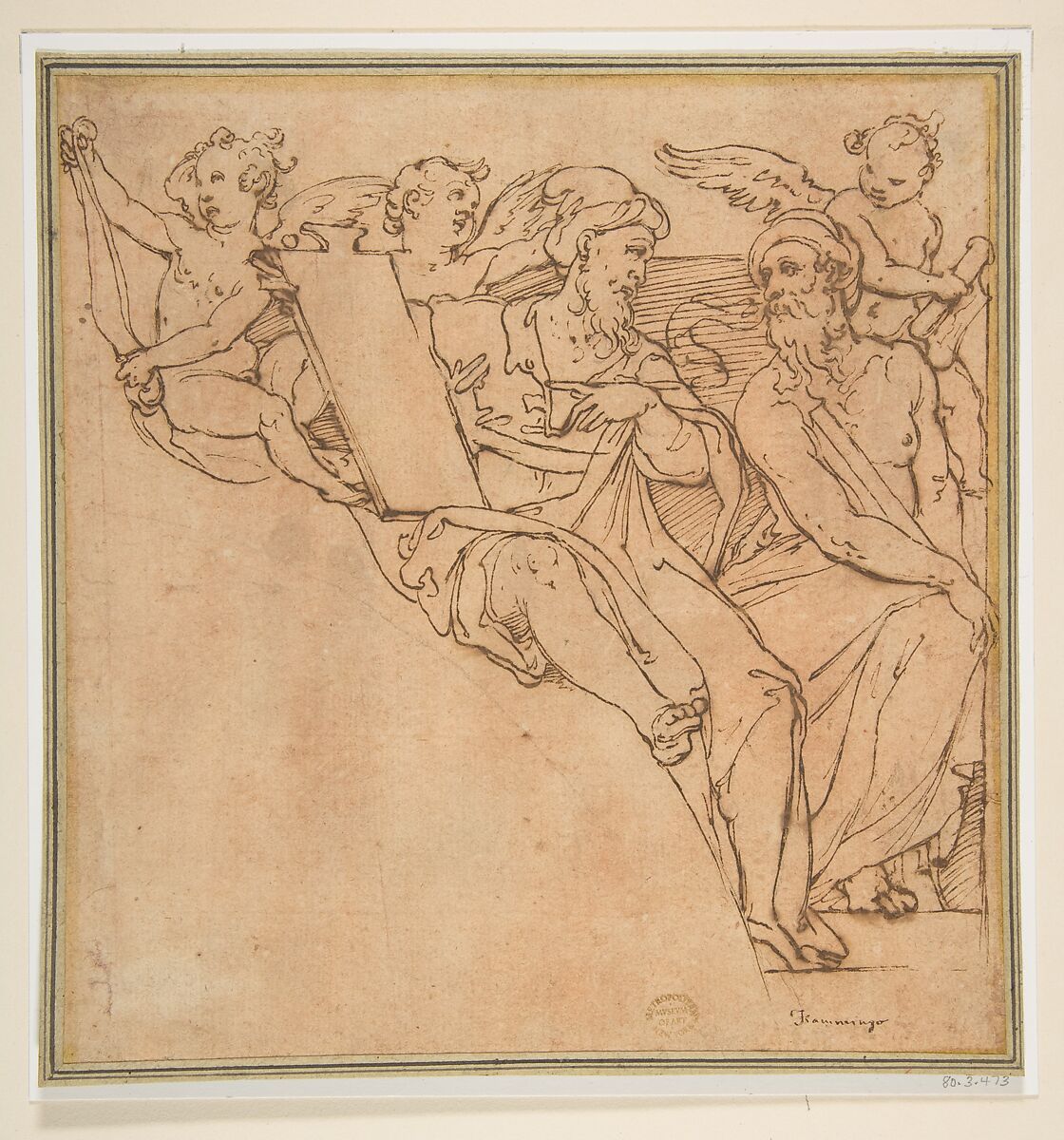 Decorative Group, After Federico Zuccaro (Zuccari) (Italian, Sant&#39;Angelo in Vado 1540/42–1609 Ancona), Pen and brown ink, on brown paper 