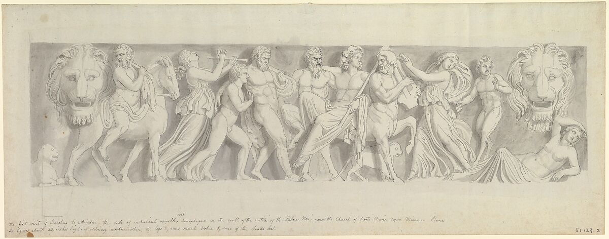 Design for a Frieze, after a Roman Sarcophagus: The First Visit of Bacchus to Ariadne, John Flaxman (British, York 1755–1826 London), Pen and black ink, brush and gray wash, on gray paper 