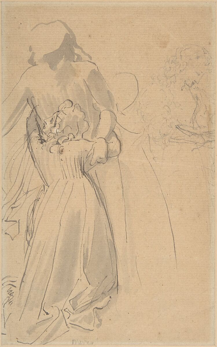 Sheet of studies with female figure kneeling and embracing standing figure, John Flaxman (British, York 1755–1826 London), Pen and black ink, brush and gray wash, graphite 