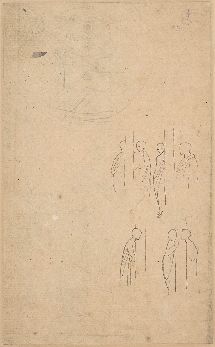 Sheet of studies with female figure kneeling and embracing standing figure, John Flaxman (British, York 1755–1826 London), Pen and black ink, brush and gray wash, graphite