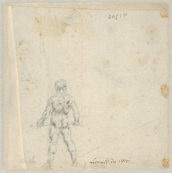 Studies for Hercules Holding a Club Seen in Frontal View, Male Nude Unsheathing a Sword, and the Movements of Water (recto); Study for Hercules Holding a Club Seen in Rear View (verso), Leonardo da Vinci (Italian, Vinci 1452–1519 Amboise), Pen and brown ink; soft black chalk or charcoal (recto); soft black chalk or charcoal (verso)
