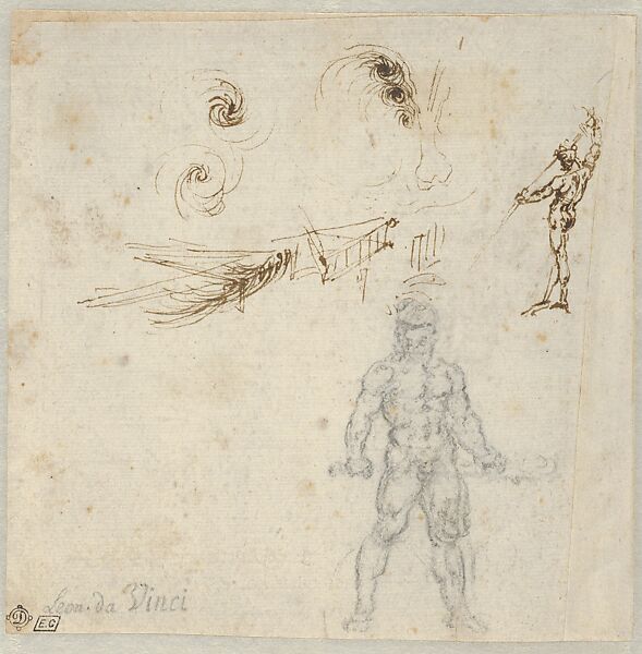 Studies for Hercules Holding a Club Seen in Frontal View, Male Nude Unsheathing a Sword, and the Movements of Water (Recto); Study for Hercules Holding a Club Seen in Rear View (Verso), Leonardo da Vinci (Italian, Vinci 1452–1519 Amboise), Pen and brown ink; soft black chalk or charcoal (recto); soft black chalk or charcoal (verso) 