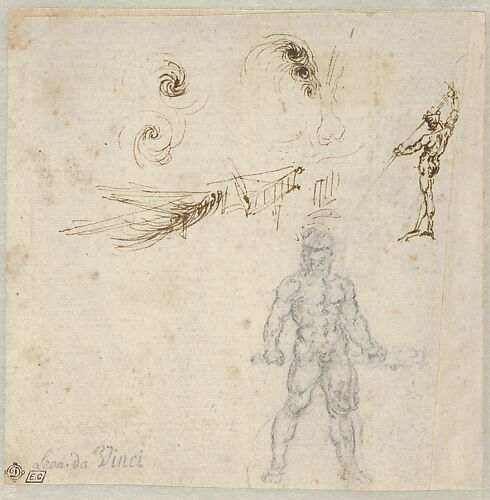 Studies for Hercules Holding a Club Seen in Frontal View, Male Nude Unsheathing a Sword, and the Movements of Water (Recto); Study for Hercules Holding a Club Seen in Rear View (Verso)