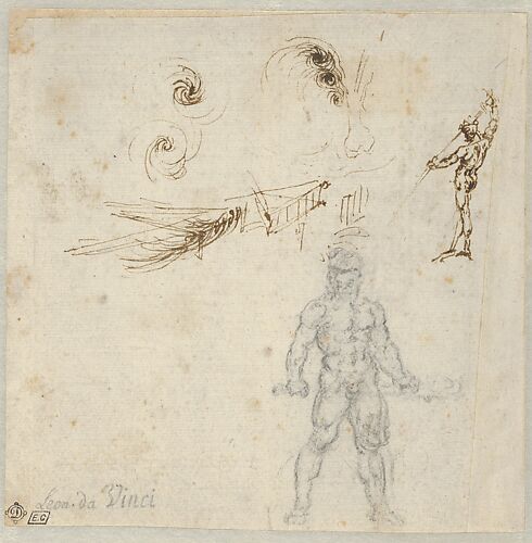 Studies for Hercules Holding a Club Seen in Frontal View, Male Nude Unsheathing a Sword, and the Movements of Water (recto); Study for Hercules Holding a Club Seen in Rear View (verso)