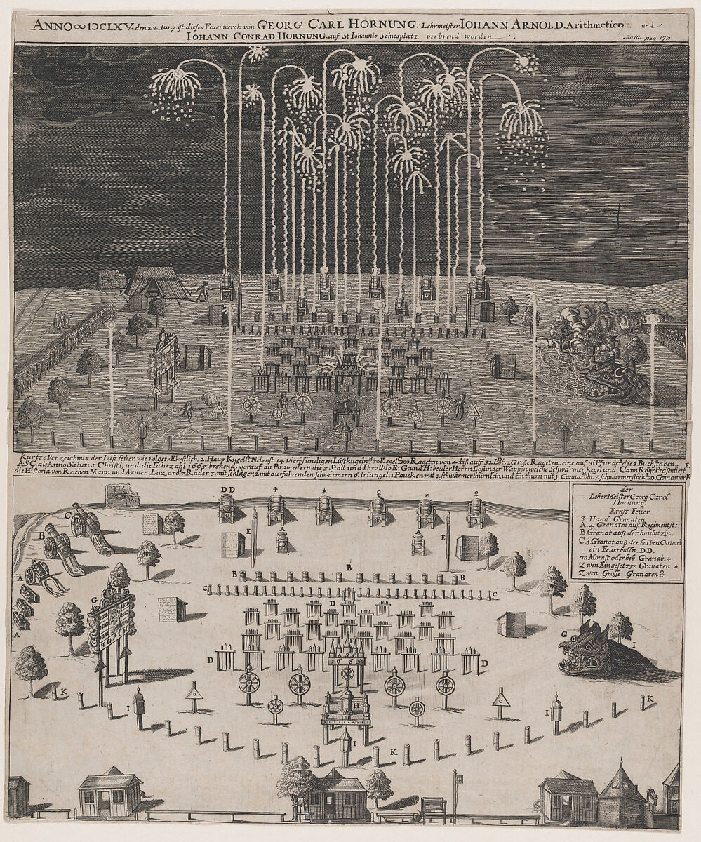 Fireworks on the Schiessplatz, Nuremberg, June 22, 1665, Pyrotechnic design by Georg Carl Hornung, Etching 